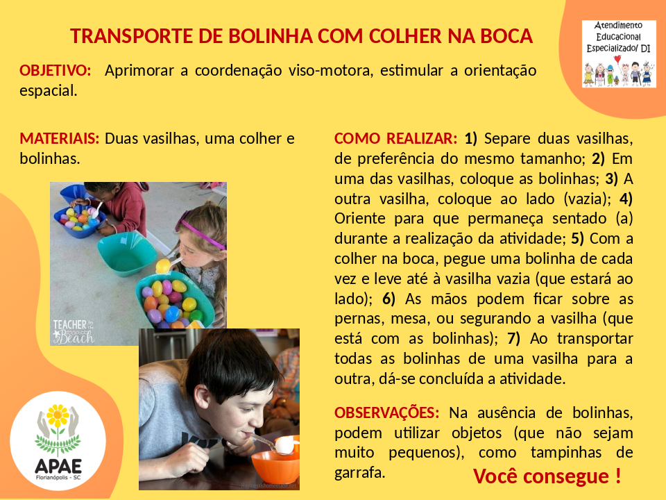 Transporte de Bolinha com Colher na Boca - Atendimento Educacional Especializado